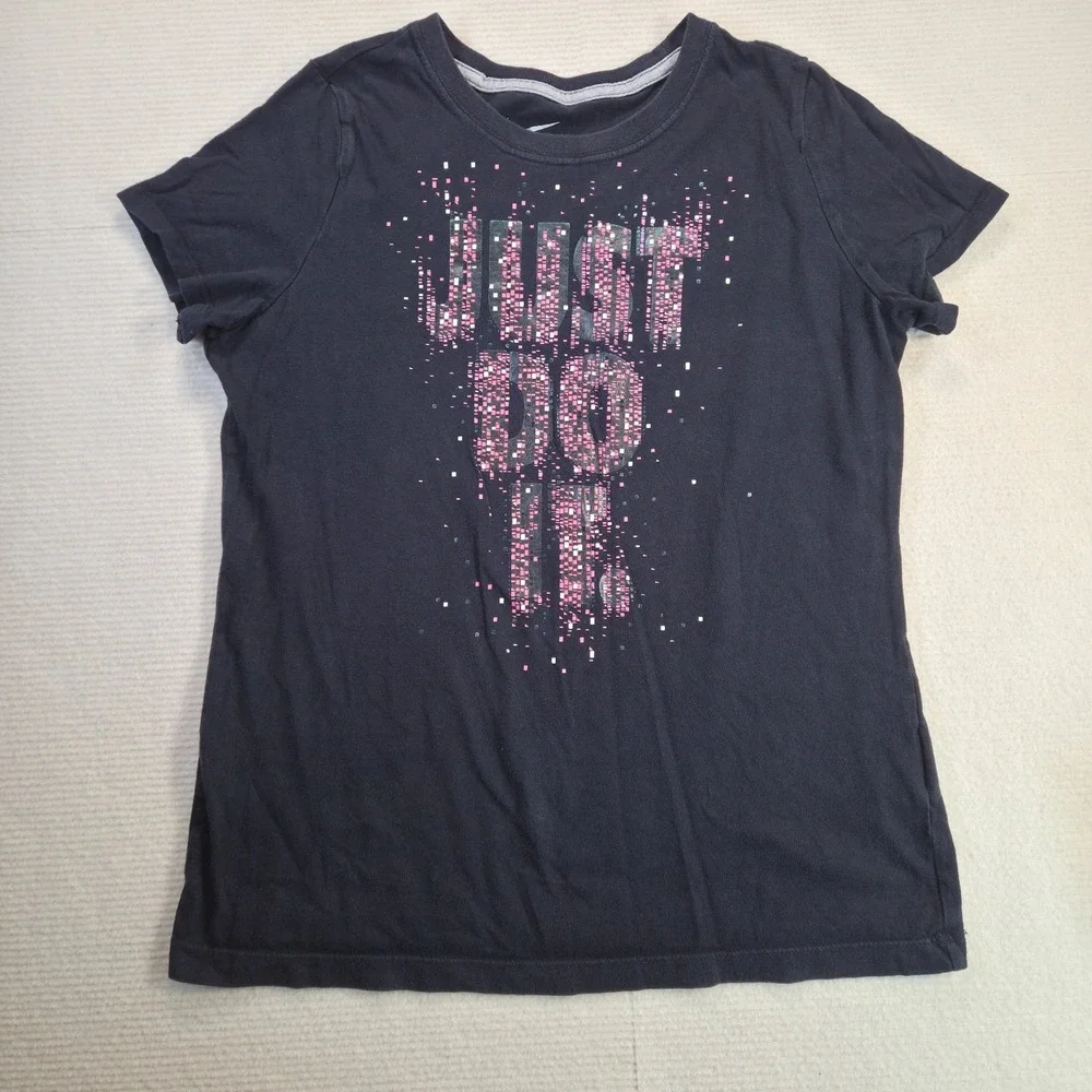 Just Do It Nike Girl's XL Black Top with Pink Writing